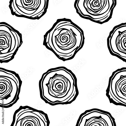 Seamless pattern of hand-drawn tree rings with bold contour lines, organic circular wood textures, monochrome illustration style
