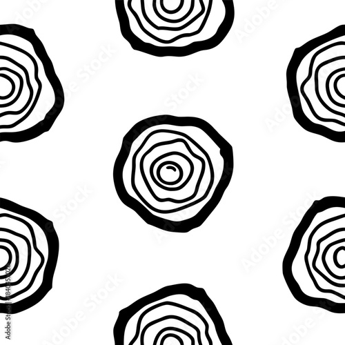 Seamless pattern of hand-drawn tree rings with bold contour lines, organic circular wood textures, monochrome illustration style