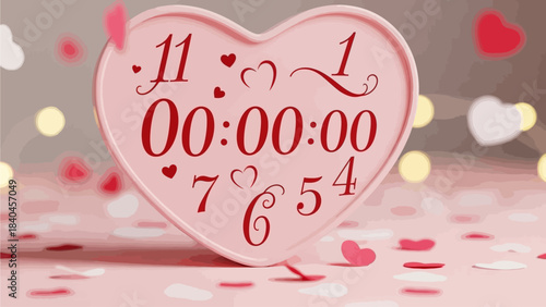 A pink heart-shaped clock displays a countdown with numbers and hearts, set against a soft, blurred background with bokeh lights and confetti.