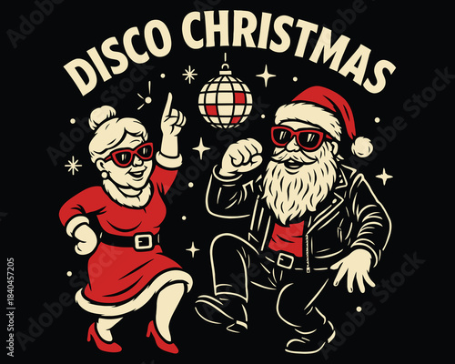 Disco Christmas Groovy Santa and Mrs. Claus Dancing Retro Vector