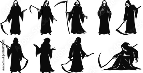 Grim Reaper Poses Silhouette Collection Vector
