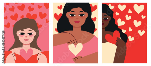 Set of Romantic illustration of a girl holding a hearts on a background with hearts. An expression of romance, love. Poster, banner, Valentine's Day 