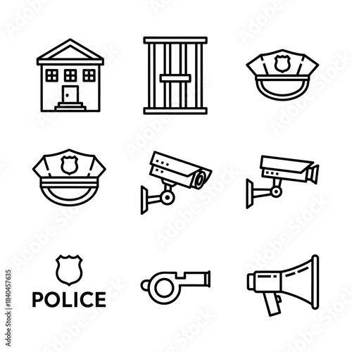 Police and Security Icons Set - Law Enforcement and Surveillance Symbols.
