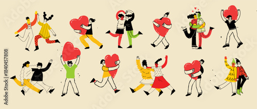 A vibrant illustration of a happy, loving couples embracing. This modern art captures the joy of human connection, perfect for Valentine's Day cards and posters