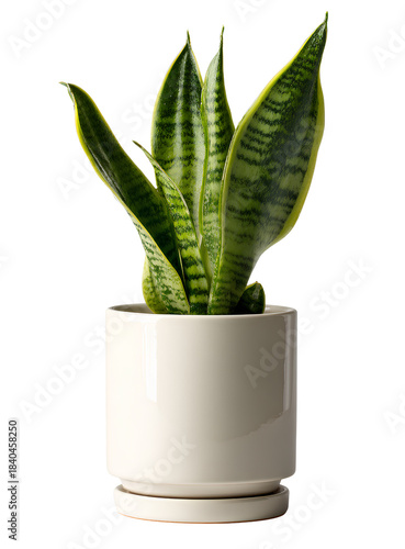 a small white ceramic pot with a green snake plant, isolated on a transparent background.