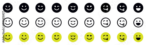 Smiley face emoji icon set featuring multiple expressions in line and filled styles. Simple expressive faces, clean outline designs, and bold filled variations suitable for UI, apps, and digital use.