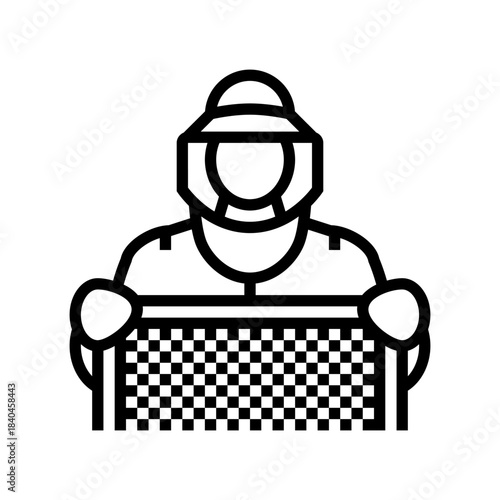 beekeeper holding a frame honeycomb line icon vector illustration