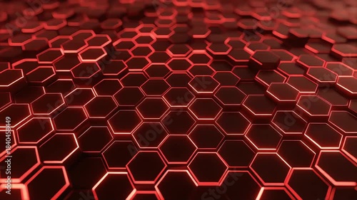 Red glowing hexagons form a futuristic digital surface, creating a sleek tech background with depth, motion, and a modern high-energy atmosphere.