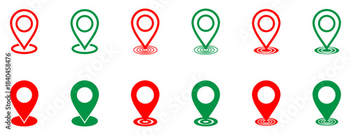 Red and green location pin icons for maps, GPS, geo marker uses, and navigation tools. Clean outline and solid map pins suitable for travel, GPS apps, and location services.