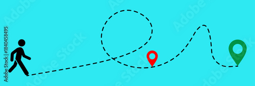 Simple walking route icon showing a dotted path with location pins and a traveler symbol, representing navigation, map route, tracking, GPS, and direction concepts for digital use.