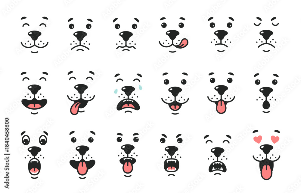 Obraz premium Dog face emotions. Cute puppy snout expression emoji, funny pet portrait. Happy, sad and angry, surprised and crying, loving animal kawaii mascot. Vector isolated set