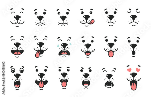 Dog face emotions. Cute puppy snout expression emoji, funny pet portrait. Happy, sad and angry, surprised and crying, loving animal kawaii mascot. Vector isolated set