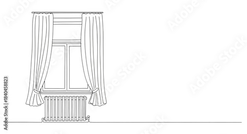 Simple line drawing of a window with drapes and radiator  