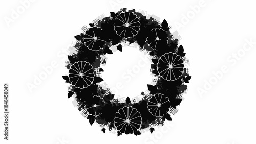Abstract circular floral design with dark, organic shapes and luminous flower centers on white background
