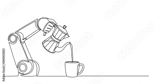 Robotic arm pouring coffee from kettle into cup on white background  