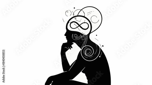 Silhouette of a person deep in thought, with abstract swirls and an infinity symbol in their head.