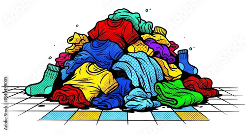 Pile of colorful clothes and socks on tiled floor in laundry room  