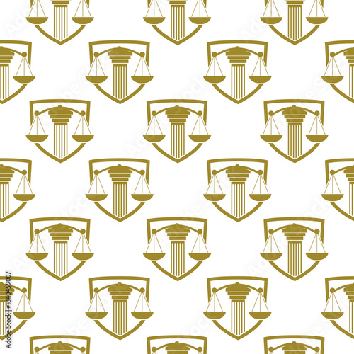 Scale justice and shield seamless pattern isolated on white background 