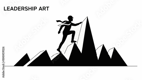 Silhouette of a determined person climbing a mountain peak, symbolizing achievement and leadership.