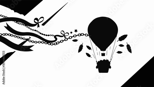 Whimsical hot air balloon floats with decorative ribbons and feathers against a stark background