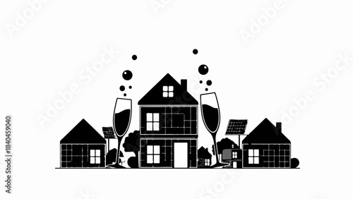 Celebratory houses with champagne glasses symbolizing home ownership joy and success