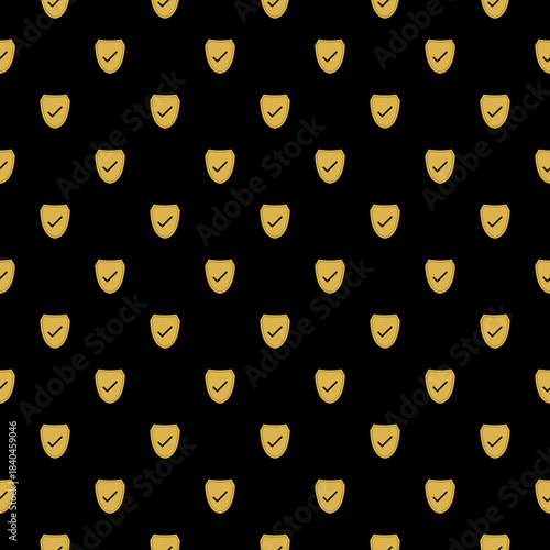 Shield with a check mark seamless pattern isolated on black background