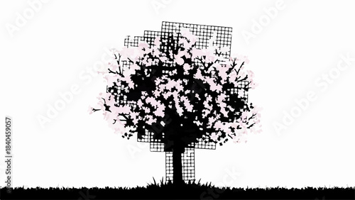 Abstract digital tree with pixelated leaves and geometric branches against a bright white background.