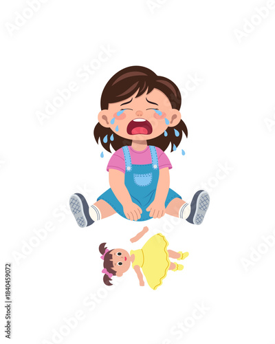 Girl crying near a broken doll. Vector illustration.