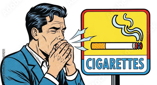 Man coughing while covering mouth near cigarettes sign  