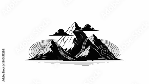 Majestic mountain peaks rise dramatically against a sky with stylized clouds and swirling natural elements.