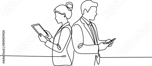 Continuous line drawing of business people working together in an office environment showing teamwork, planning, discussion, and cooperation in a simple minimal outline illustration style