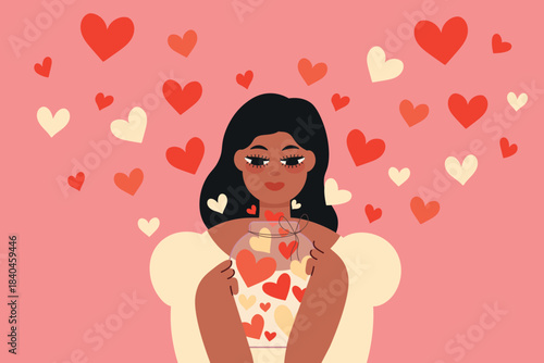 Romantic illustration of a girl holding a jar with hearts on a pink background with hearts. An expression of romance, love. Poster, banner, Valentine's Day or Women's Day card