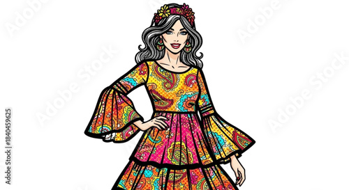 Fashionable woman wearing colorful boho dress with flower headband  