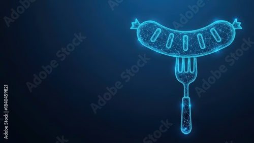 A stylized glowing blue sausage impaled on a fork against a dark blue background