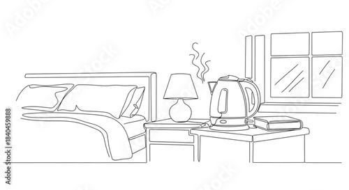 Electric kettle steaming on bedside table in cozy bedroom setting  