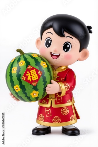 Cute chibi Mai An Tiêm holding watermelon with Tết patterns, cheerful expression, glossy toy figurine, pure white background.