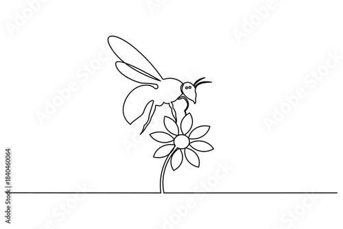 Bee and blooming flower continuous line illustration in modern minimal style