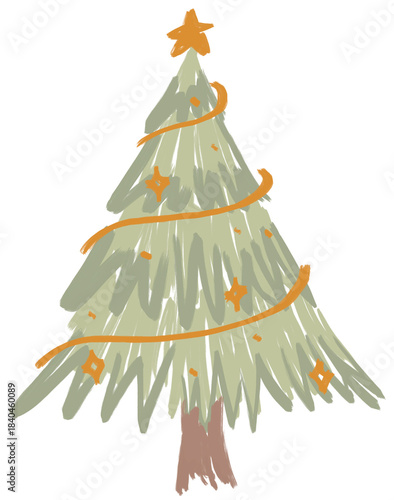 Doodle Christmas Tree: A whimsical hand-drawn Christmas tree adorned with a star on top, simple drawing style on illustration captures the spirit of the season.
