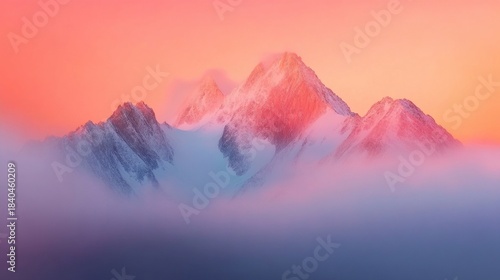 A misty mountain range at sunrise with clouds floating gently over the peaks.
