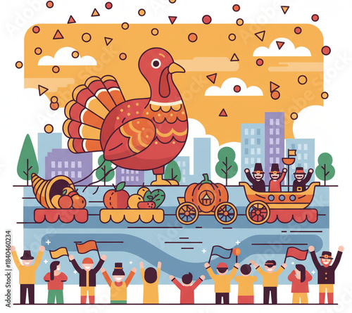 Vibrant Thanksgiving Parade Celebrates Community Spirit with Colorful Floats, Including a Majestic Turkey and Pilgrims, as Cheering Spectators Enjoy the Festive City Scene