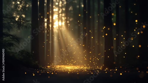 A soft glowing firefly illuminating the dark forest floor.