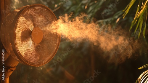 A refreshing mist spray from a fan on a hot summer day.