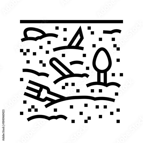plastic cutlery scattered on sand line icon vector illustration