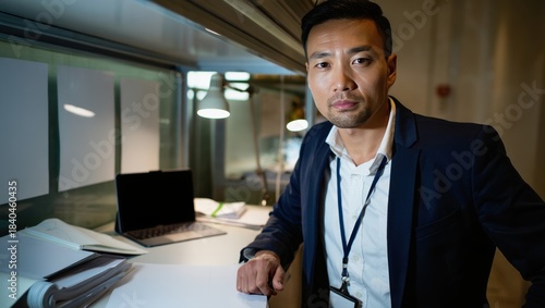 Security audit officer at desk reviewing compliance documents in office