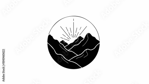 Serene mountain landscape with rising sun silhouette in a circular emblem
