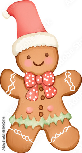 Cheerful gingerbread man wearing a red Santa hat and a bow tie