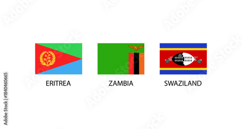 Flags of Eritrea, Zambia, and Eswatini displayed on a white background