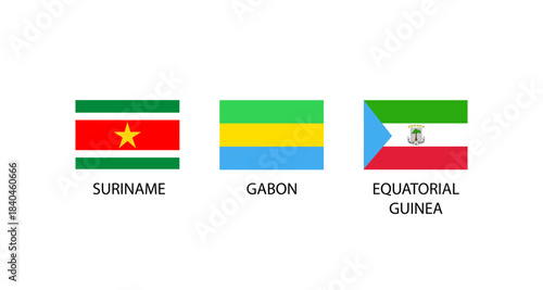 Flags of Suriname, Gabon, and Equatorial Guinea on a white background