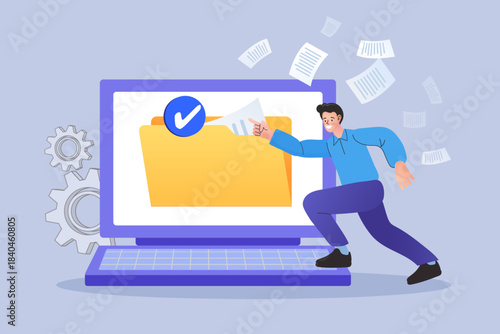Man running from laptop pointing at yellow folder with checkmark. Concept of successful document submission, fast digital file management, approved online workflow task, and office data organization.