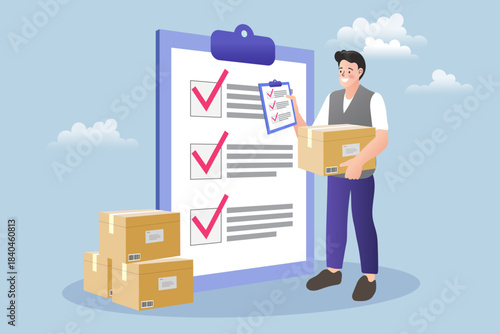Man holding box checking logistic list on giant clipboard with checkmarks. Concept of inventory management success, order fulfillment process, shipping quality control, and warehouse stock preparation